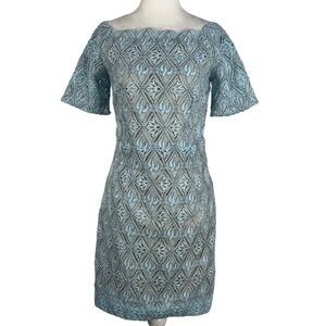 CENIA NEW YORK BLUE LACE SCOOP NECK SHORT SLEEVED‎ BACK ZIP DRESS